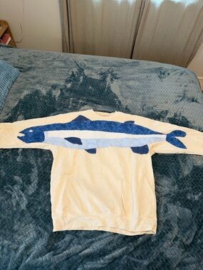 Cream Sweatshirt with Large Blue Fish Graphic